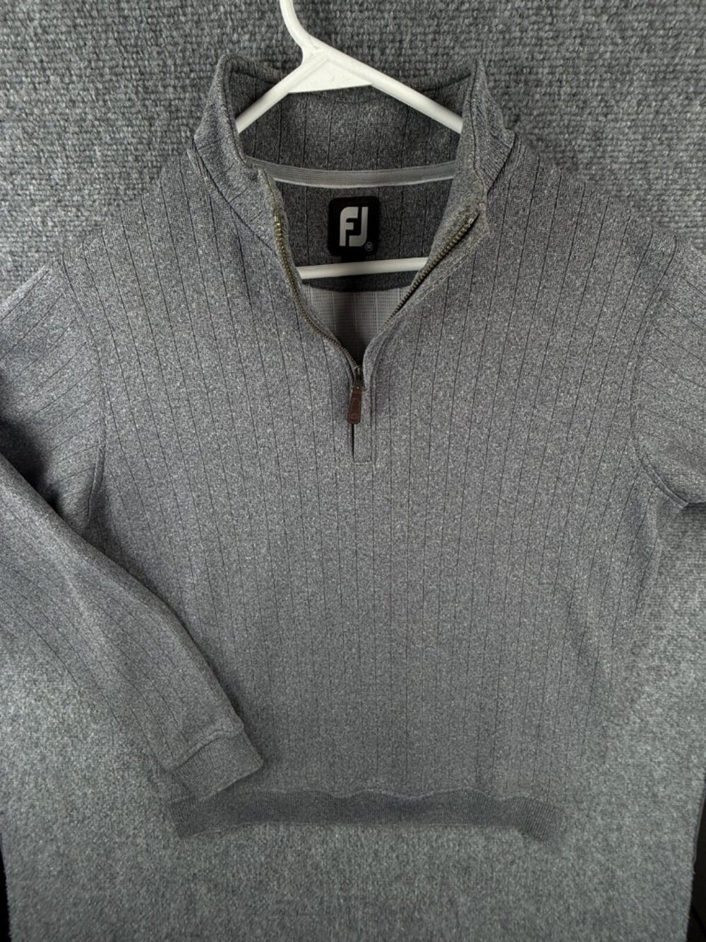 Footjoy Men Gray 1/4 Zip Pullover Sweatshirt Medium Long Sleeve Leather Zip Prep